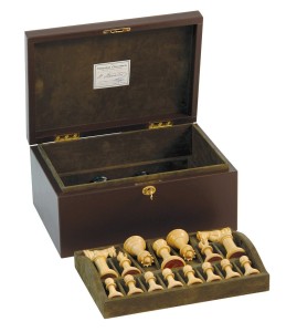 Jaques 4 in. Staunton Chessmen in Leather Casket, high end chessboards, classic chessboards